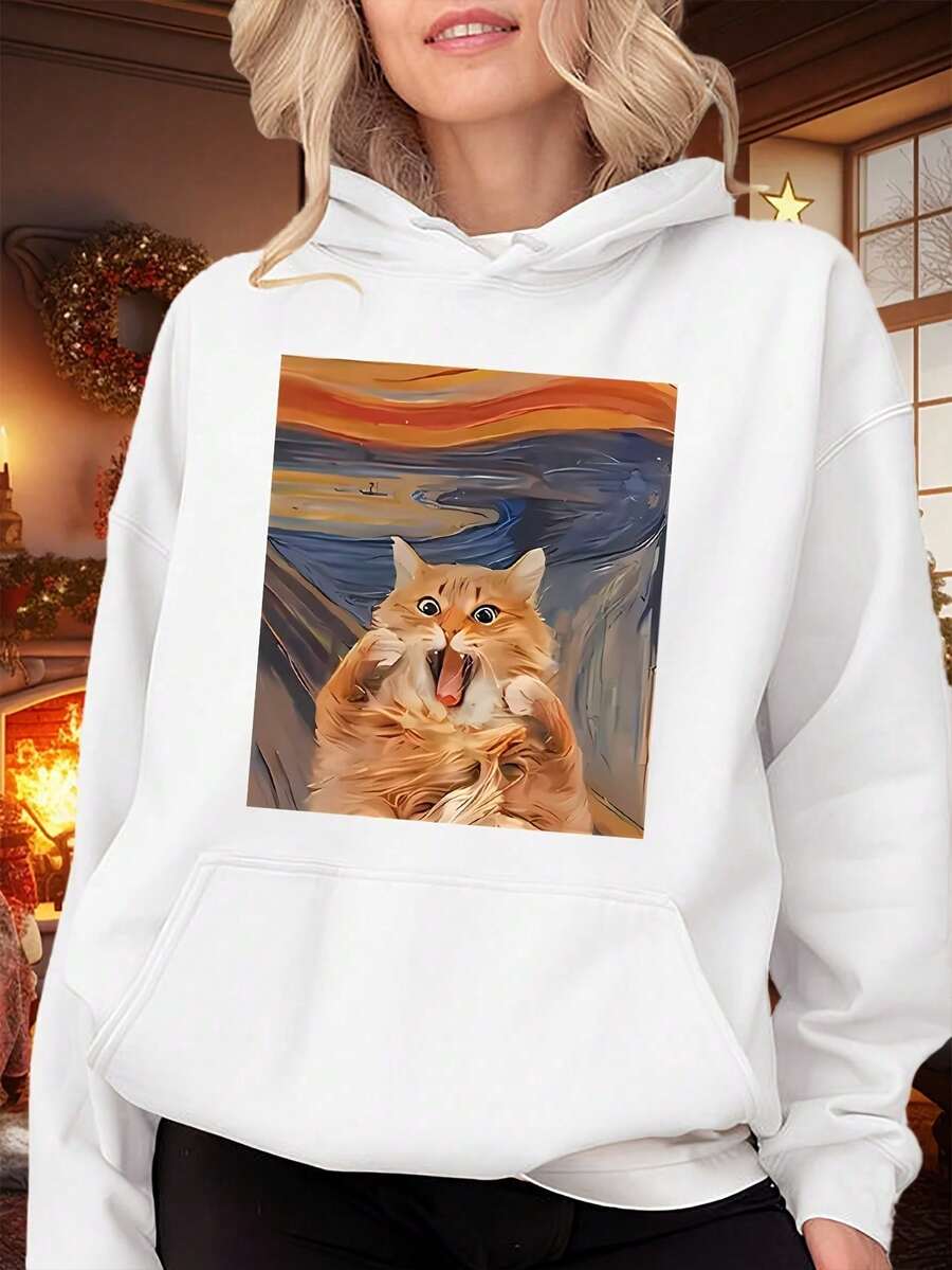 Kitten Creative Unique Pattern Printing, Fashionable Women'S Hooded Sweatshirt, Comfortable Fabric, Showcasing A Unique  Attitude. - White - View 1