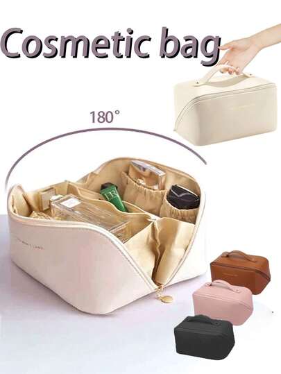 1pc PU Leather Waterproof Cosmetic Bag, Portable Travel Organizer Pouch, Multi-Functional Handbag For Cosmetics, Makeup Brushes, Umbrella, Ideal For Travel, College Dorm, Gift For Friends, Halloween, Christmas