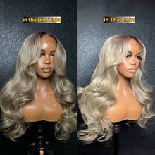 渐变银灰色至金色蕾丝前假发 - 真人发 13x4 水波纹蕾丝假发 铂金色蕾丝前假发（深色发根）/ 渐变金色真人发假发 金色蓬松波浪假发