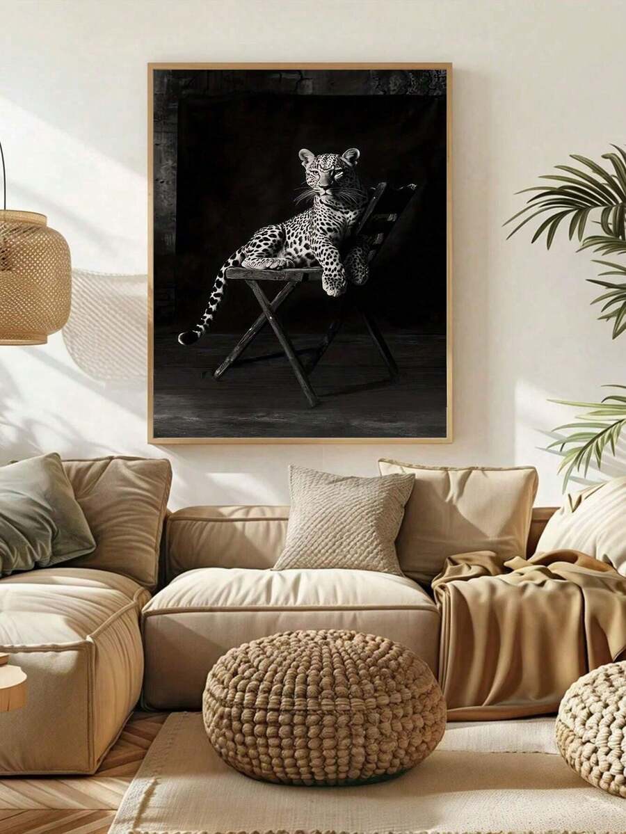 1 Pieza, Estampado de leopardo en blanco y negro en la silla, Pósteres con estampado de animales, Lienzo impermeable, Adecuado para el hogar, oficina, dormitorio, sala de estar, estudio, baño, bar, arte de pared y decoración del hogar, es un regalo ideal para las vacaciones