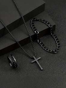 4-Piece Stylish And Simple Men's Gift Set: Disc Casual PU Leather Quartz Watch, Black Cross Necklace, Bracelet And Ring - Men's Business Casual Accessories, The Best Gift For Classmates, Colleagues And Friends