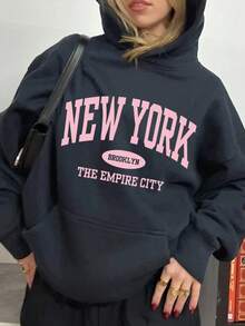 Sudadera hoodie dama mujer gorro capucha manga larga algodón bolsa canguro suave puños rib acanalados casual aesthetic casa diario frío moderna juvenil cómoda calientita estampado New York NY letras ciudades - Azul Marino - Ver 1