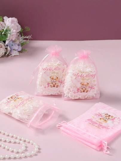 10 st. rosa presentpåsar i organza med björnmotiv, tack, rosa björn med ballonger och stjärndesign, presentpåsar i organza med björnmotiv, perfekta för babyshower och födelsedagsfest, godispåsar med dragsko för godis och presenter, presentdekoration för könsuppenbarelse, festpresent, godisinslagningspåse, födelsedagsdekoration, födelsedagspresent, festfavorit