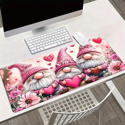 1pc Charming Pink Gnome Mouse Pad - Large Non-Slip Rubber Desk Mat With Whimsical Gnome & Flower Design, Perfect For Gaming, Office, Or Home Decor