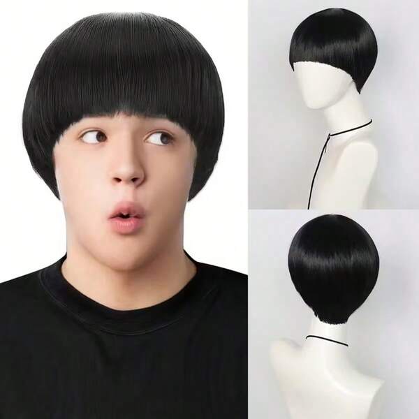 10 Inch Men's Mushroom Wig - Straight Black Heat-Resistant Wig With Bangs, Short Bowl Shaped Cut Synthetic Fiber Replacement Hair - Perfect For School Halloween, Thanksgiving, And Christmas Costume Parties, Comes With 1 Wig Cap