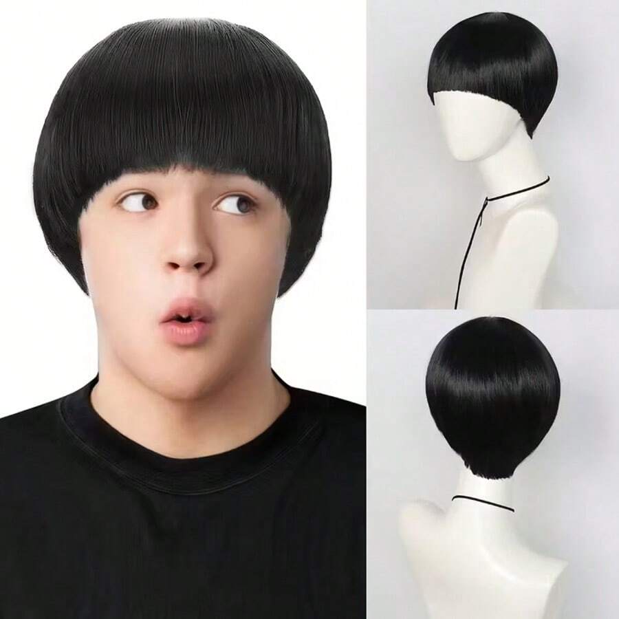 10 Inch Men's Mushroom Wig - Straight Black Heat-Resistant Wig With Bangs, Short Bowl Shaped Cut Synthetic Fiber Replacement Hair - Perfect For School Halloween, Thanksgiving, And Christmas Costume Parties, Comes With 1 Wig Cap