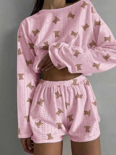 Nina Bonheur 2pcs Women Comfortable Semi-Hollow Bear Print Long Sleeve Sleepwear Lounge Set , Cute Round Neck Top And Side Slit Shorts Homewear, Cozy Outfits, Fall Winter Clothes