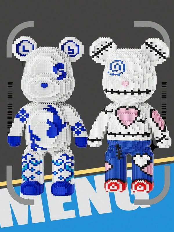 8900 Stücke 20,5 Zoll/52cm Puzzle-Pixel-Blöcke aus blau-weißem Porzellan Bär, geeignet für Männer und Frauen, Heimdekoration, Geschenke zum Mexikanischen Tag der Toten, Halloween, Puzzle-Block-Spielzeug-Geschenke