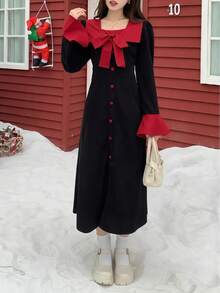 1 件时尚黑色束腰连衣裙，学院风百搭女士连衣裙，秋冬 - 黑色 - 查看 5