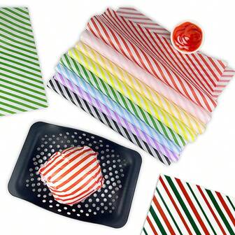 20张条纹汉堡防油纸薯条披萨鸡肉三明治包装桌垫纸烘焙托盘纸适合家庭烘焙、徒步野餐食品垫纸