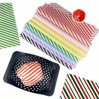 20 PIEZAS, Papel encerado a rayas para hamburguesas, papas fritas, pizza, sándwiches de pollo, mantel de mesa, papel para hornear, adecuado para hornear en familia, excursiones y alimentos para picnic