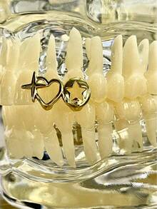 THATBOY 3pcs/Set Fashionable Hollow Heart & Star Tooth Grillz, DIY Combination Hollow Open Face Hiphop Tooth Jewelry Set, Suitable For Festivals, Parties, And Daily Wear