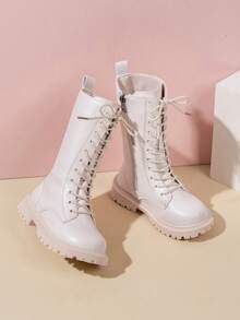 1双女童秋冬靴子新款儿童高筒靴英伦风中筒靴厚底靴公主皮靴校鞋小女孩时尚高筒靴 - 米色 - 查看 1