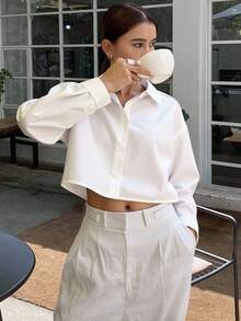 Livesso Solid Drop Shoulder Shirt,Fall Women Clothes Long Sleeve Top - White - View 6