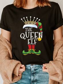 Camiseta impresa de corona de elfo reina para hombres y mujeres, camiseta de manga corta de cuello redondo 100% algodón, top de tejido de punto ligeramente elástico para todas las estaciones - Negro - Ver 8