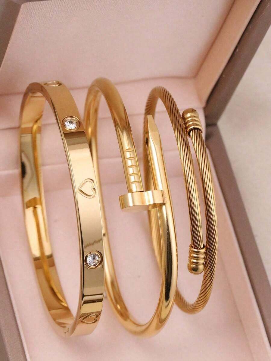 3pcs Fashionable Stainless Steel High Quality Flower Zirconia Women Nail Bangle Bracelet Jewelry Set, Suitable For Daily Wear - Vàng - Xem 1
