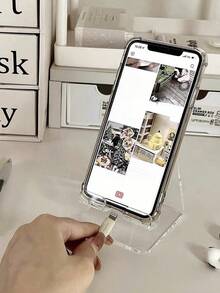 1pc Acrylic Transparent Portable Desk Phone Holder, Multi-Functional Fixed Stand With Dopamine Color - Multicolor - View 3