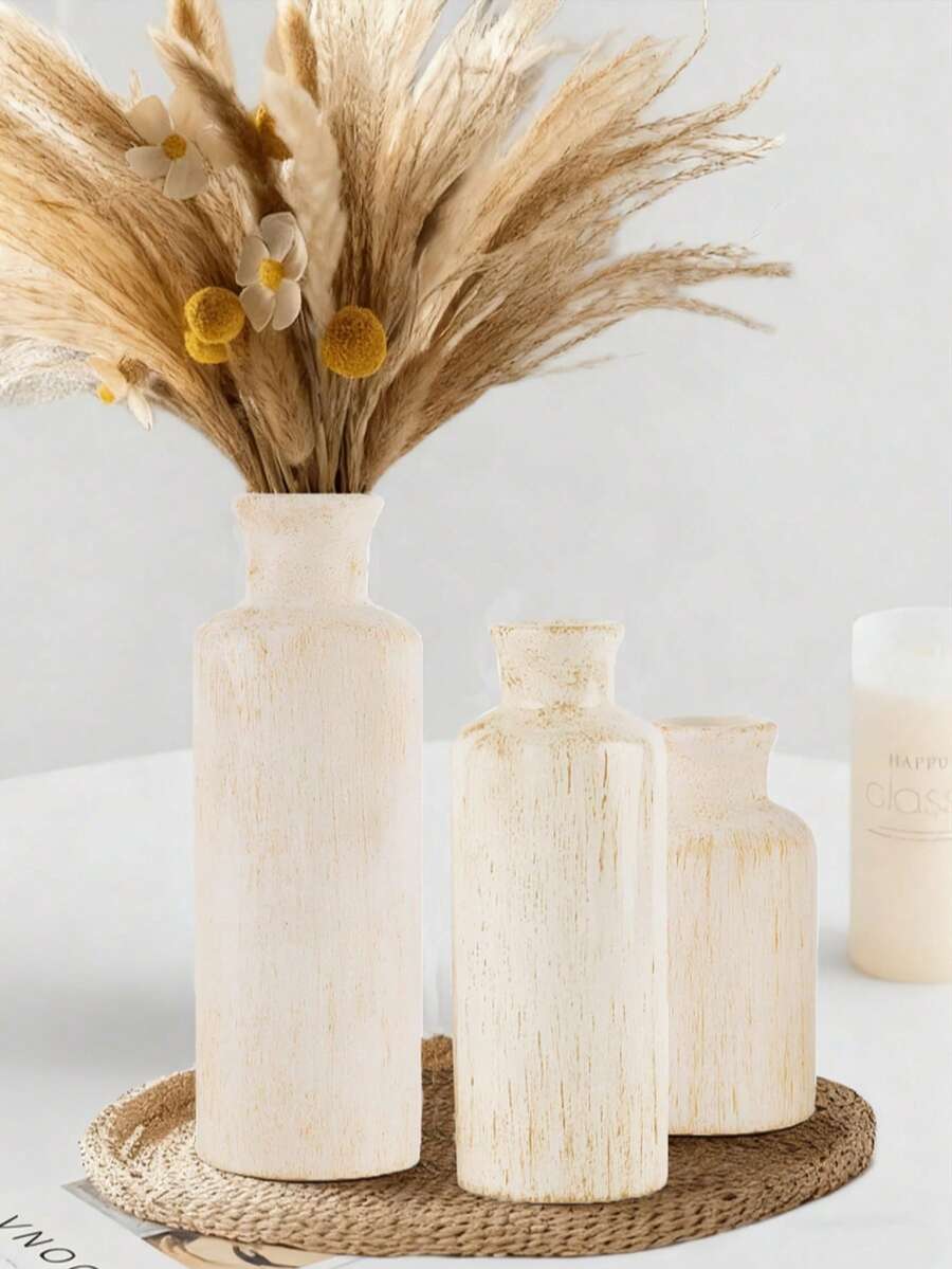 1 PIEZA Juego de jarrones cerámicos beige minimalistas. Estos jarrones con textura pueden contener flores frescas/secas, ideales para mesas de noche, alféizares de ventanas, aportando un toque acogedor y natural a dormitorios y salas de estar. Perfecto para amantes de la decoración del hogar con estilo bohemio-chic. Decoración de habitación, jarrón de flores, jarrón de vidrio