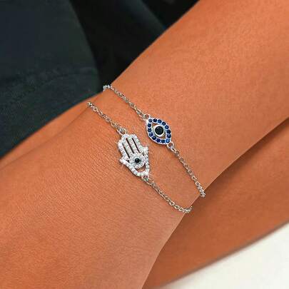 1 件 925 银锆石恶魔眼女士手链，双层棕榈蓝眼手链，适合日常、度假、送给家人、朋友、圣诞节、万圣节、情人节、生日的礼物