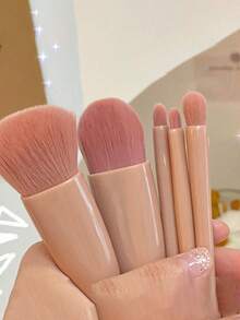 5 Stücke tragbares Mini Make-up Pinsel Set mit Spiegel, professionelle Schönheitstools, weiche Fasern und Lidschatten Pinsel, Kunststoff, ohne Strom, ohne Federn