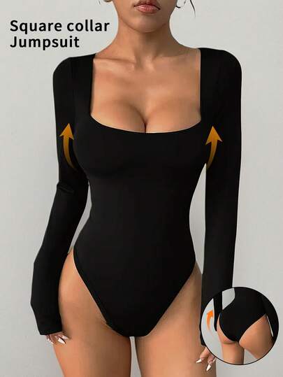 6pecil Women's Shapewear Jumpsuit, With Slit Waist Shaping Leggings, Thong Or Bikini Briefs, Long Sleeve Solid Color Athletic Jumpsuit