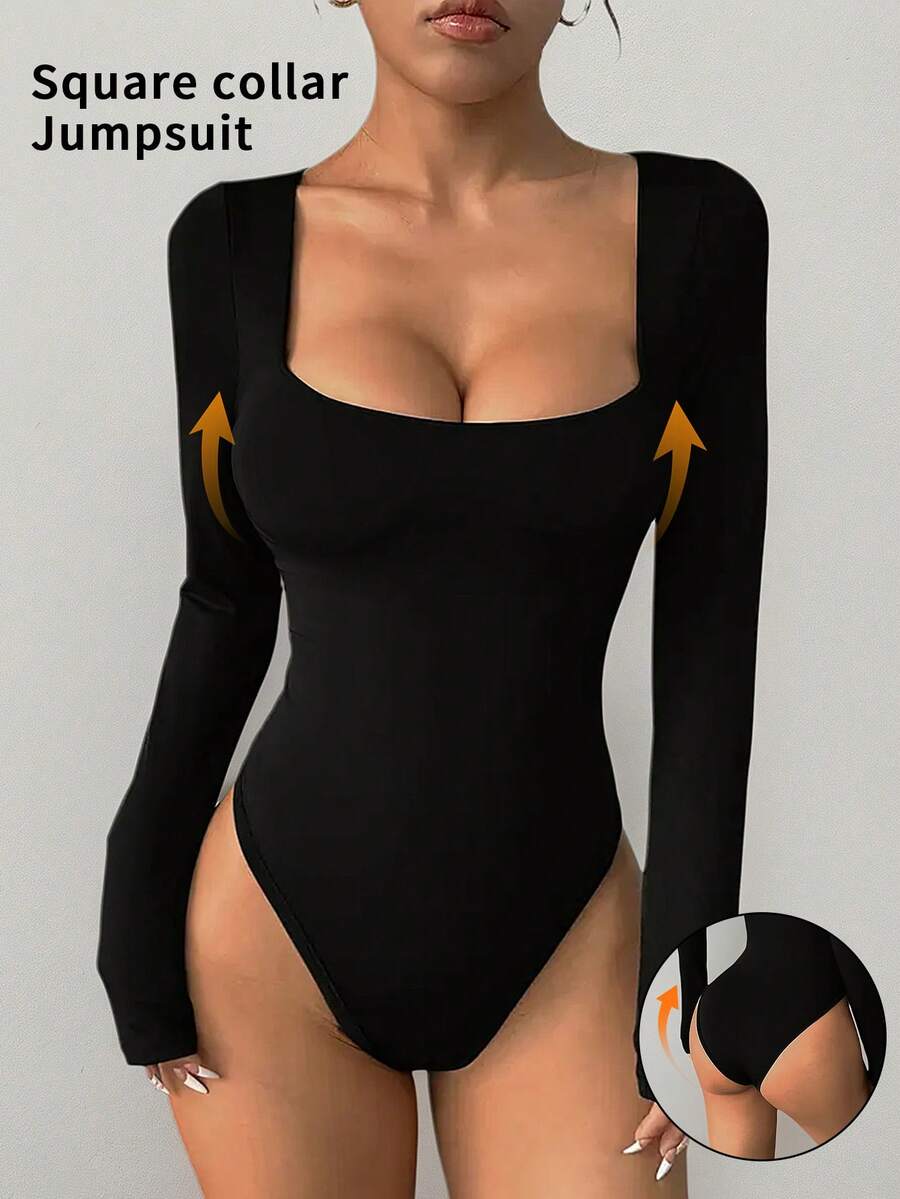 6pecil Women's Shapewear Jumpsuit, With Slit Waist Shaping Leggings, Thong Or Bikini Briefs, Long Sleeve Solid Color Athletic Jumpsuit