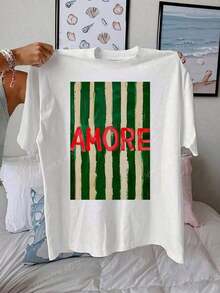 AMORE Striped Artistic Pattern Women Casual Round Neck Short Sleeve T-Shirt, Summer - 白色 - 查看 1