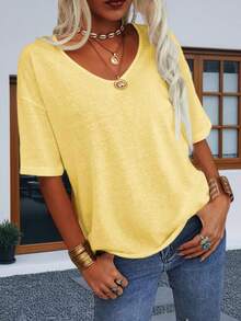 ​Women's Oversized V-Neck Half Sleeve Loose Fit Solid Color Casual T-Shirt​ - 黃色 - 查看 2