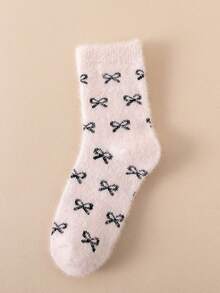 1/5 Pair (Random Delivery) Cute Bow Plush Short Socks For Women, All-Over Bow Print, Essential For Autumn/Winter Home Wear - Multicolor - View 6