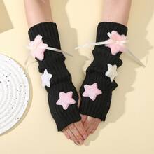 1pcs Girly Heart Star Bowknot Half Finger Gloves Autumn Winter Warm Cute Knitted Fingerless Gloves Student Party Outfit Star Arm Sleeves Women Autumn Winter College Style Y2K Pile Fingerless Sleeves Knitted Warm Fake Sleeves - Hồng [Đen] - Xem 13