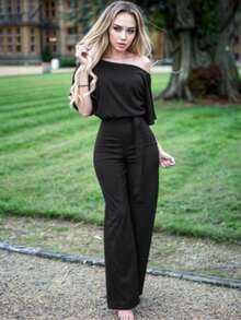 Palazzo , Mono de mujer con cinta , cuello asimétrico, mangas cortas y diseño moderno, largo y ligeramente ajustado. - Negro - Ver 1