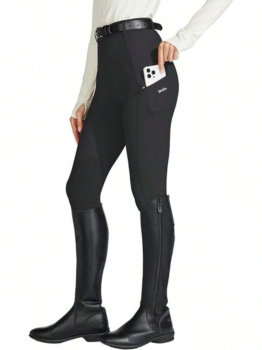Willit Women's Horse Riding Pants Knee-Patch Equestrian Breeches Horseback Schooling Tights Zipper Pockets - 黑色 - 查看 1