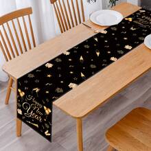 1Pc 2026 Black Gold New Year Linen Table Runner,Happy New Year Table Cover With Balloons,Firework And Gifts Design,183*33cm Linen Cloth Tablecloth,New Year Home Decor,New Year Party Supplies,New Year Celebration Decorations,New Year's Eve Decor,Kitchen Decor,Tabletop Decor