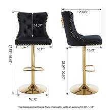 JEMAX Set Of 2 Glam Black Velvet Bar Stools With Lion Head Knocker Accent - Quilted Tufted Back, Studded Trim, Adjustable Height Gold Chrome Metal Base Counter Chairs For Kitchen Island, Home Bar, Royal Luxury Decor - 黑色 - 查看 7