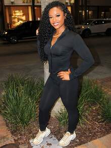 Steph T 2pcs Solid Color Zip-Up Jacket & Fitted Leggings Set For Women, Autumn Fall Cloth For Women - Black - View 3