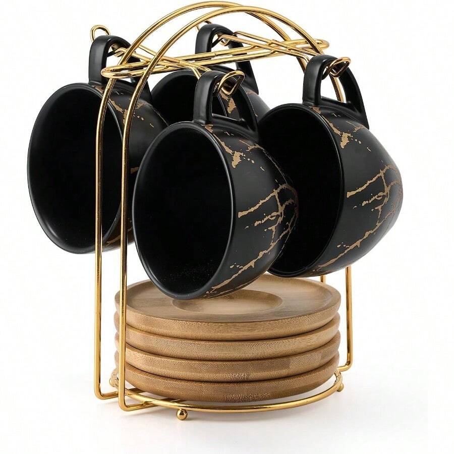 Ceramic Espresso Cups With Saucers And Metal Stand Small 4 Oz Porcelain Demitasse Cups Set Of 6 Cute Cappuccino Coffee Cups For Double Espresso Tea Marbling White Black