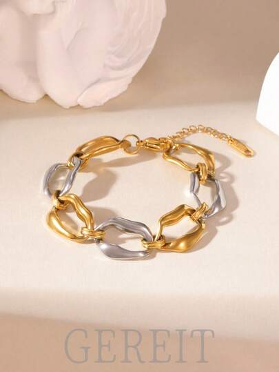 GEREIT 1 chiếc vòng tay dây xích hình học hai màu bằng thép không gỉ 18K, kiểu dáng phóng khoáng, thích hợp cho nữ giới đeo hàng ngày, quà tặng Ngày của Mẹ.