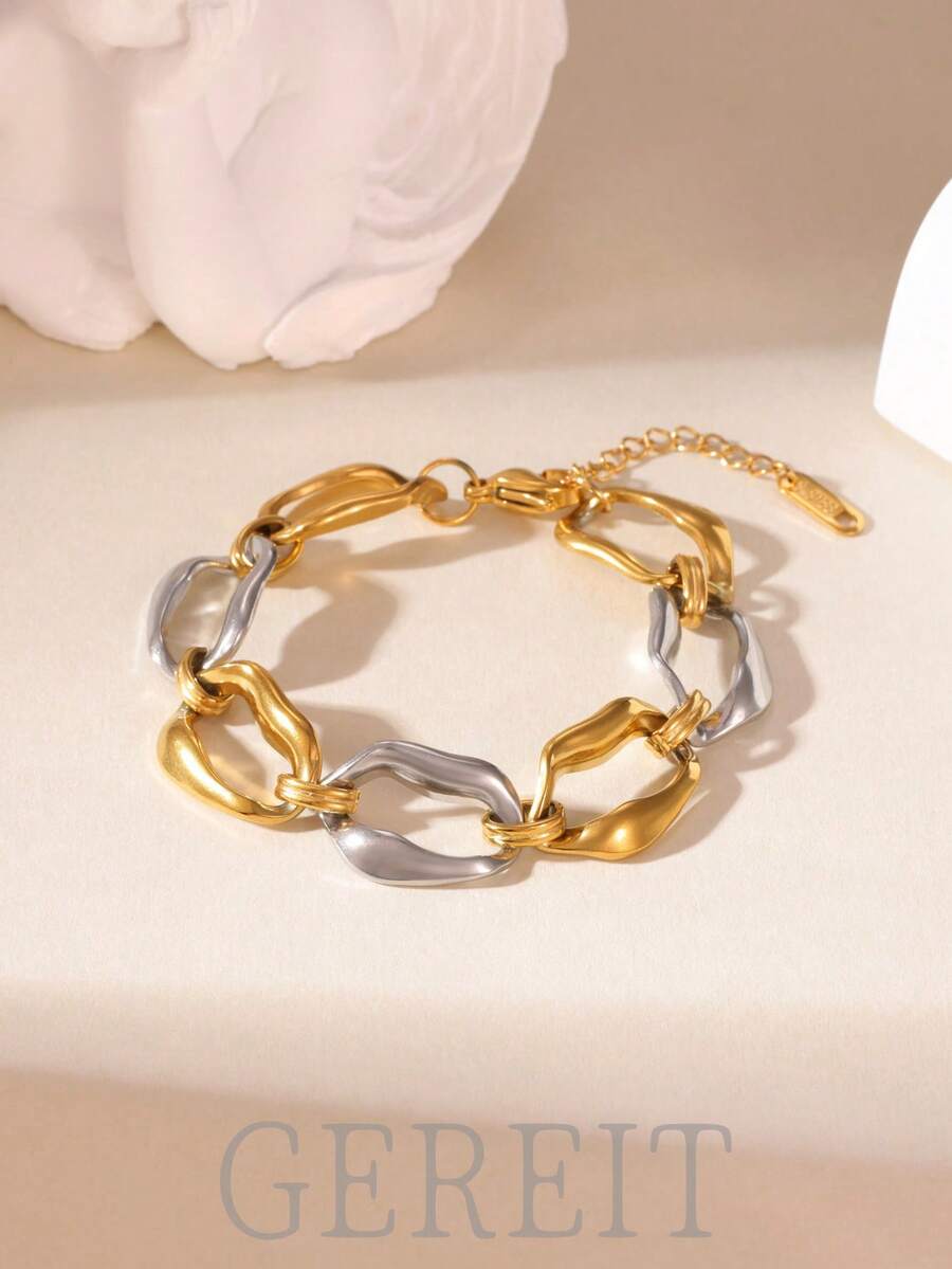 GEREIT 1pc Exaggerated 18K Stainless Steel Bicolor Geometric Chain Bracelet, Suitable For Women's Daily Wear, Mother's Day Gift - Gold and Silver - View 1