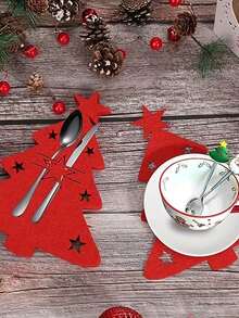 12pcs/24pcs Felt Christmas Tree Cutlery,Christmas Tree Cutlery Fork Pouch Cutlery Decorations Felt Fabric Christmas Party Table Decorations, Christmas Cutlery Storage Bag,Santa Hat Silverware Holder,Christmas Knife And Fork Cover,Christmas Tableware Holder