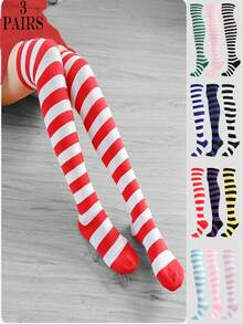 3 Pairs Striped Thigh High Socks, Cute & Casual, Suitable For Cosplay, Performance, Christmas, Halloween, Daily Wear
