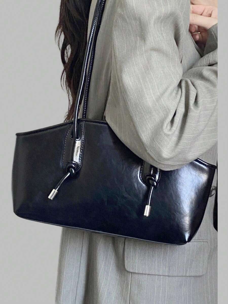 DareSee Bolso de hombro minimalista con decoración de nudo, negro, para festivales de música, festivales Y2K, regreso a la escuela, otoño e invierno, regalos para festivales de música - Negro - Ver 1