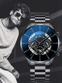 4-Piece Stylish Business Casual Men's Watch Set, Including A Stainless Steel Quartz Movement Watch, A Cross Necklace, A Bracelet And A Ring - Business Casual Style - The Perfect Gift For Him, Birthday Gift, Graduation Gift