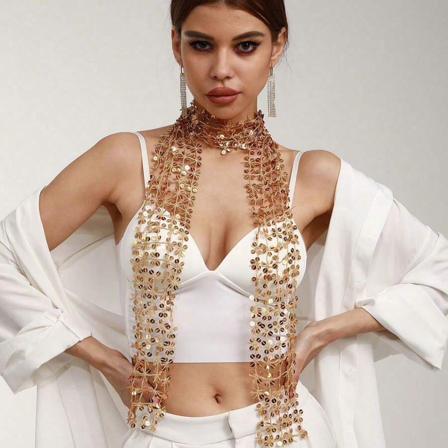 New Fashion Sequins Versatile Scarf Women's  Personality Hollow Decoration Scarf Accessories - 1# Đen - Xem 1