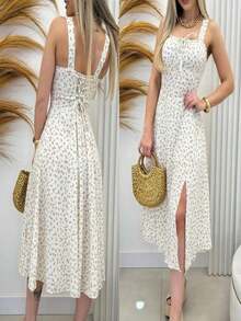 Women's Floral Midi Dress With Light Front Bow - Blanco - Ver 2