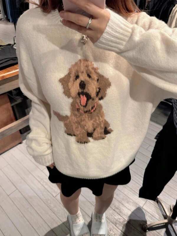 Women's Autumn/ Winter Casual Cute Animal Dot Print Knitted Sweater Tops Round Neck Puppy Pattern Pullover Long Sleeve Simple Streetwear Y2K Fall Winter Going Out Outftis Clothes School Daily Wear Date