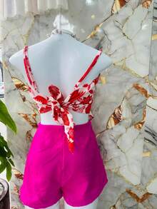 One Size Shirt Set With Tie At The Back And Print, Shorts With Zipper And No Pocket - Red and White - View 3