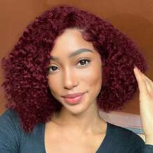 ownvmor 26 Inch 180Density Soft Black Kinky Curly Human Lace Wigs, 13*4*1 Lace Front Glueless Wigs For Women With Baby Hair Synthetic Heat Temperature Daily Cosplay Glueless Wig(Burgundy 99J) - 酒紅色 - 查看 2