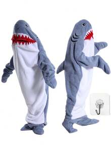 卡通鲨鱼睡袋，法兰绒睡衣，现代风格，柔软涤纶面料，可机洗，家居服，浴巾主题，针织面料，250克/平方米 - 彩色 - 查看 10