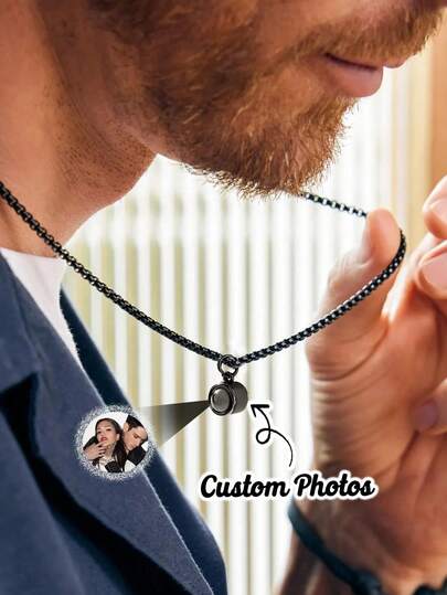 Customized Personalized Men's Valentine's Day Couple's Same Style Projection Photo Necklace Personalized With The Photo Inside, A Commemorative Gift For Men's Father And Boyfriend, Halloween And Christmas Jewelry For Him