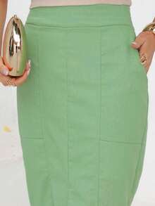Linen Midi Skirt With Stylish Slit And Flexible Waist - Pistachio Green - View 5